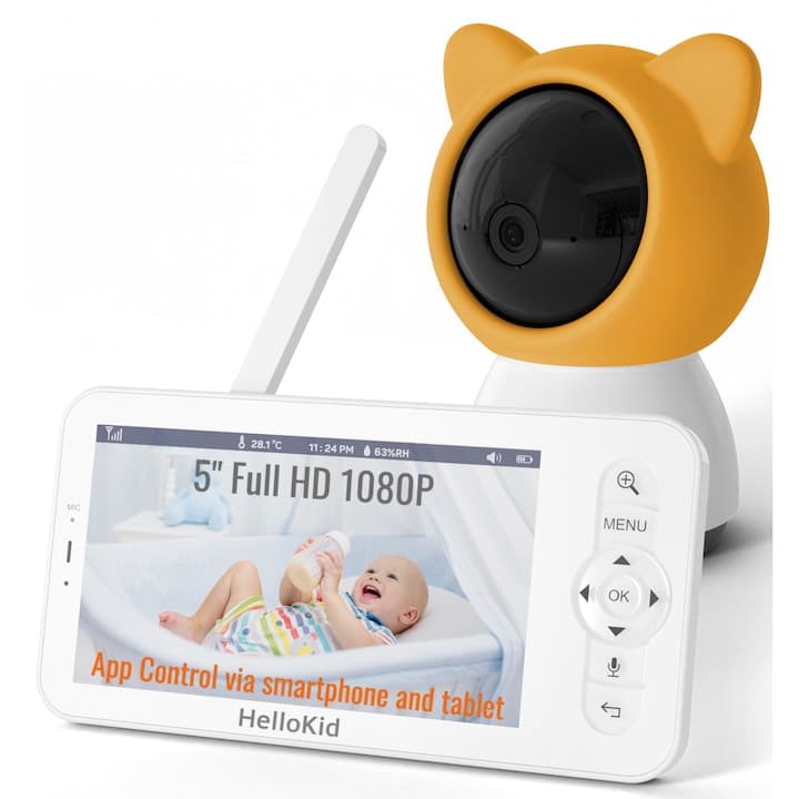 Baby Monitor WiFi 2in1 Multi View HelloKid™ DUO 2K 5” Night Vision, Aplicatie Telefon, 355°/90°, Zoom 4X, Two-Way Audio, 3000mAh, Interfon, Apel, Notificari Miscare, Sunet, Temperatura, Umiditate, Cantece, Mod ECO, Orange/White — imaginea 2