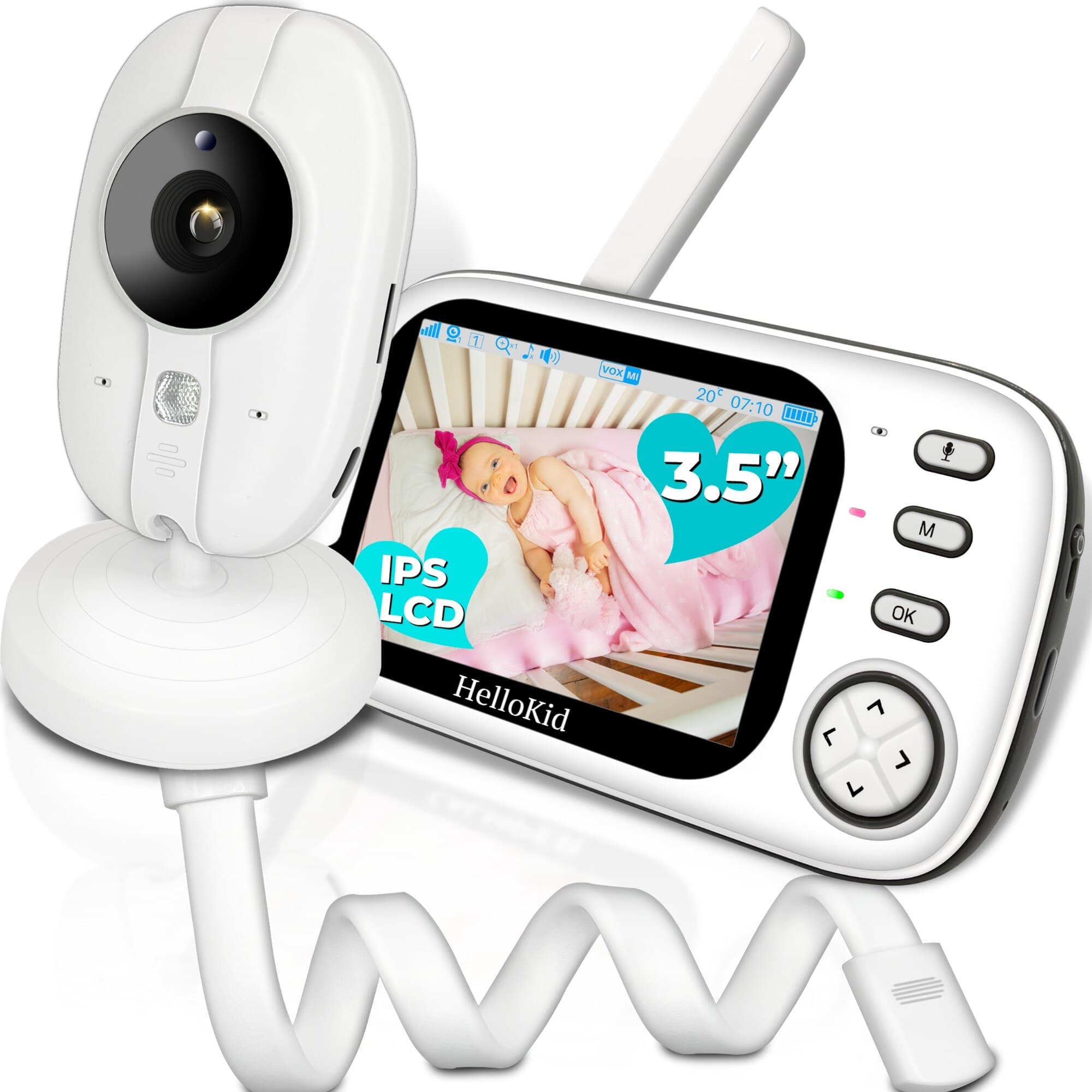 Baby Monitor WiFi HelloKid™ OPTI 3.5” AI NightVision HD, Monitorizare 360°, Senzor Temperatura, Sunet Bidirectional, Mod VOX, 8 Cantece, Alarma, Control Volum, Detectie Inteligenta, Alb — imaginea 3