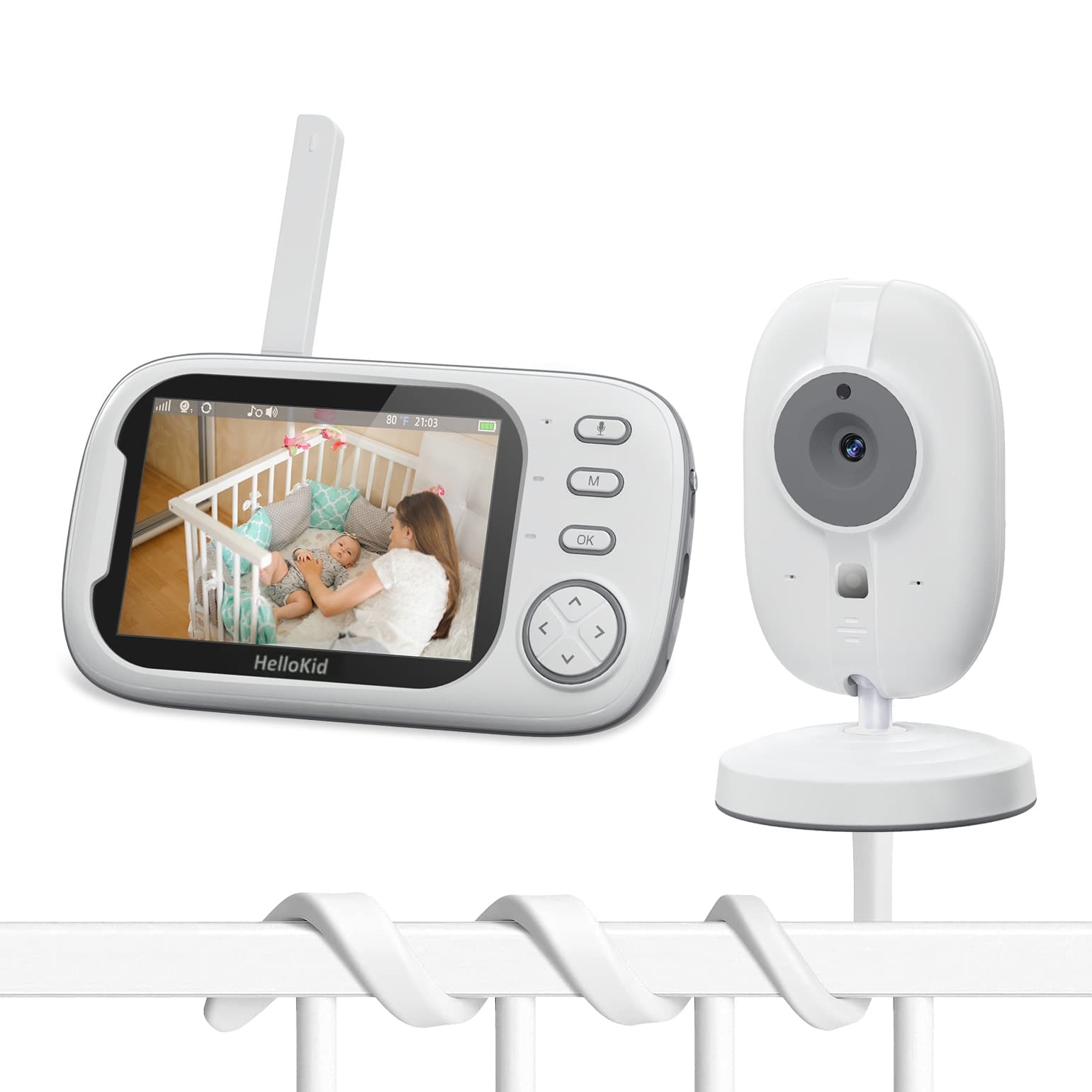 Baby Monitor WiFi HelloKid™ OPTI 3.5” AI NightVision HD, Monitorizare 360°, Senzor Temperatura, Sunet Bidirectional, Mod VOX, 8 Cantece, Alarma, Control Volum, Detectie Inteligenta, Alb — imaginea 4