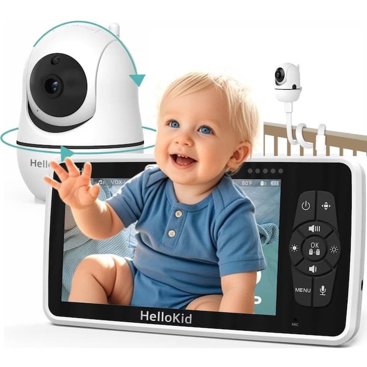 Baby Monitor WiFi HelloKid™ PRO 5” HD Auto Night Vision, Rotire 360°, Zoom Digital 4X, Baterie 4000mAh, Mod ECO, Audio Bidirectional, Raza Actiune 250m, Senzor Temperatura, 8 Cantece, Notificari, Alb