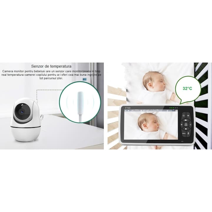 Baby Monitor WiFi HelloKid™ PRO 5” HD Auto Night Vision, Rotire 360°, Zoom Digital 4X, Baterie 4000mAh, Mod ECO, Audio Bidirectional, Raza Actiune 250m, Senzor Temperatura, 8 Cantece, Notificari, Alb — imaginea 2