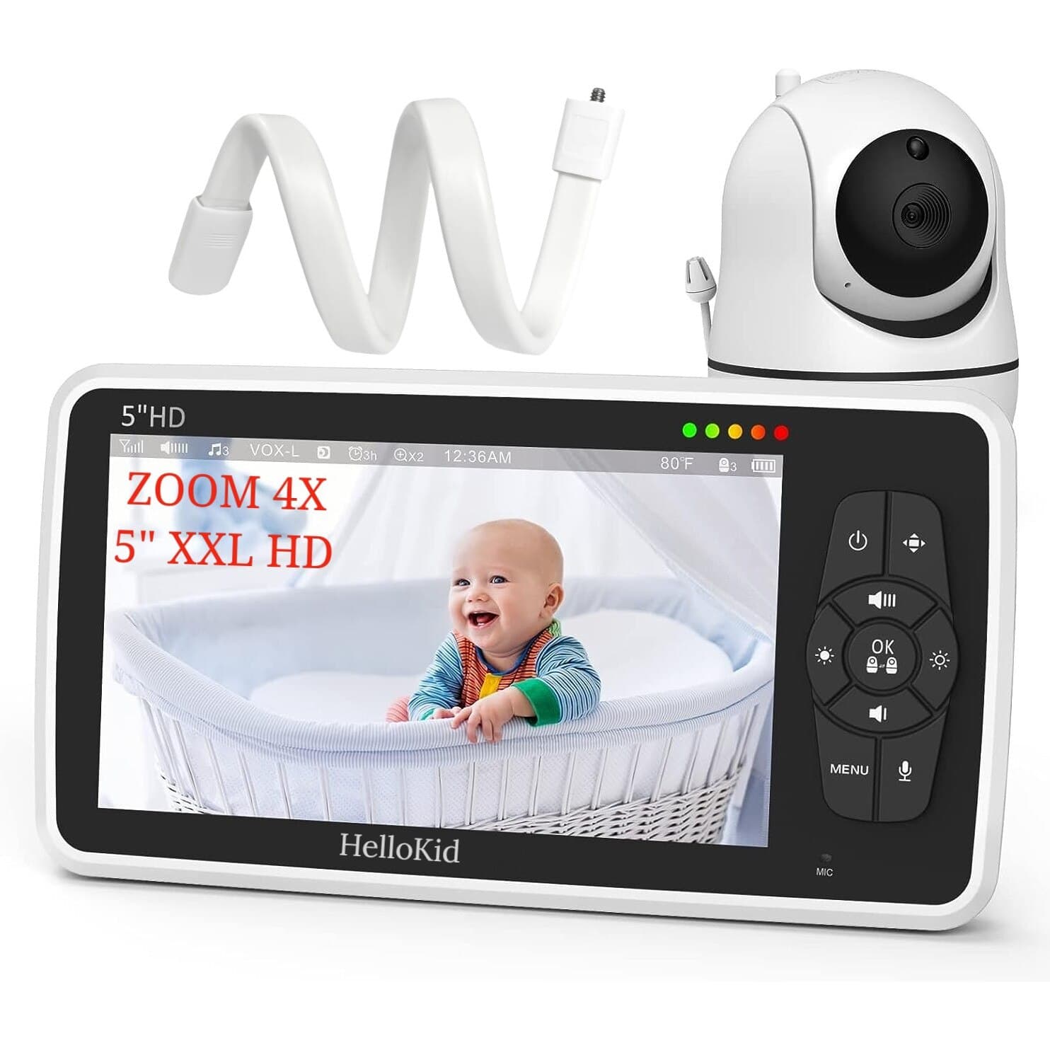 Baby Monitor WiFi HelloKid™ PRO 5” HD Auto Night Vision, Rotire 360°, Zoom Digital 4X, Baterie 4000mAh, Mod ECO, Audio Bidirectional, Raza Actiune 250m, Senzor Temperatura, 8 Cantece, Notificari, Alb — imaginea 4