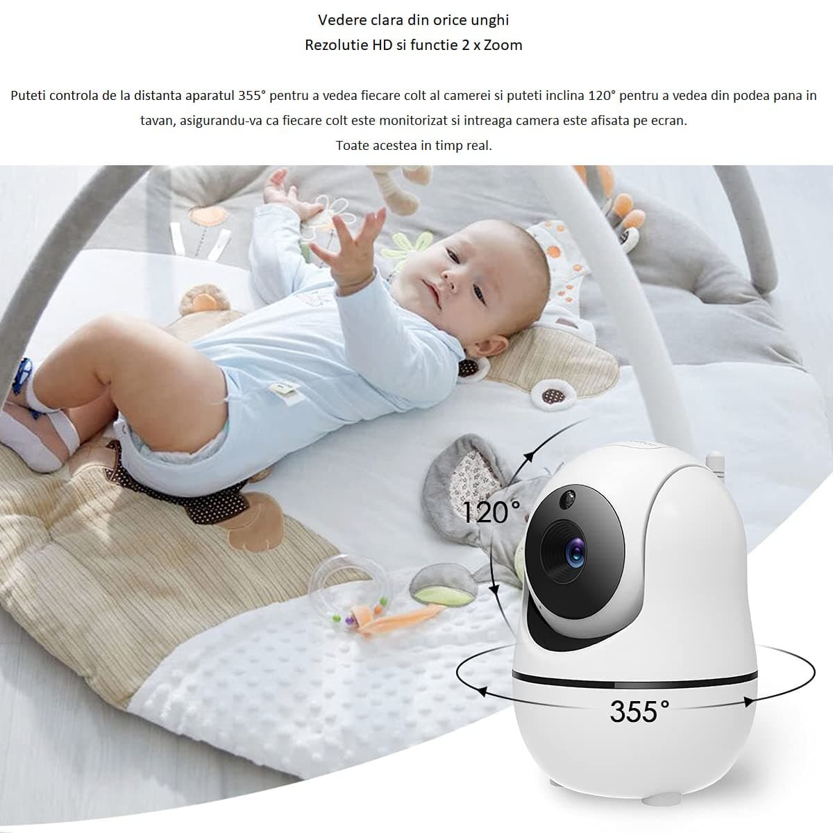 Baby Monitor Wireless HelloKid™ SE 3.5” NightVision, Pan/Tilt 355°, Zoom 2X, Mod VOX, Video/Audio, Comunicare Bidirectionala, Senzor Temperatura, Notificari, Cantece, Raza 300M, Alb — imaginea 4