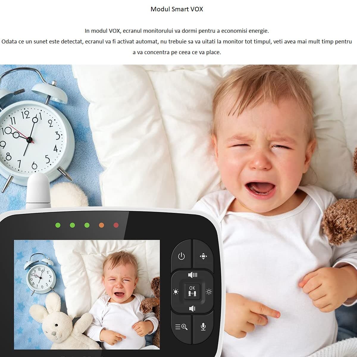 Baby Monitor Wireless HelloKid™ SE 3.5” NightVision, Pan/Tilt 355°, Zoom 2X, Mod VOX, Video/Audio, Comunicare Bidirectionala, Senzor Temperatura, Notificari, Cantece, Raza 300M, Alb — imaginea 5
