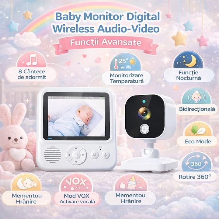 Baby Monitor Digital Wireless Audio-Video Smart BabyCam idealSTORE, Ecran HD 2, 8 inch LCD, 8 Cantece de Adormit, Monitorizare Temperatura, Functie Nocturna, Mod VOX, Bidirectional, ECO Mode, Rotire 360°, Memento de Alaptare, 5 Ceasuri pentru Alarma, Raza — imaginea 2