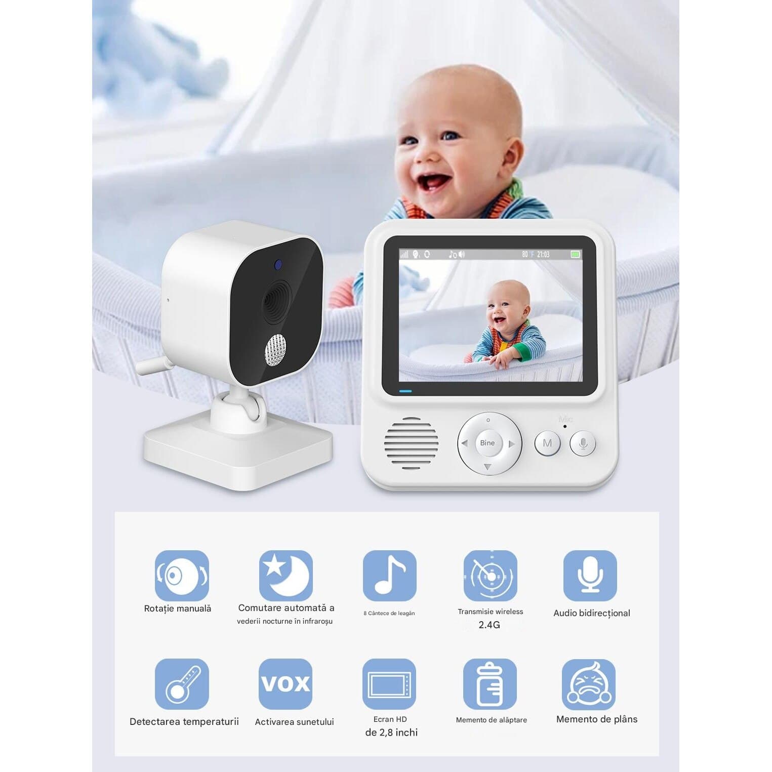Baby Monitor Digital Wireless Audio-Video Smart BabyCam idealSTORE, Ecran HD 2, 8 inch LCD, 8 Cantece de Adormit, Monitorizare Temperatura, Functie Nocturna, Mod VOX, Bidirectional, ECO Mode, Rotire 360°, Memento de Alaptare, 5 Ceasuri pentru Alarma, Raza — imaginea 5
