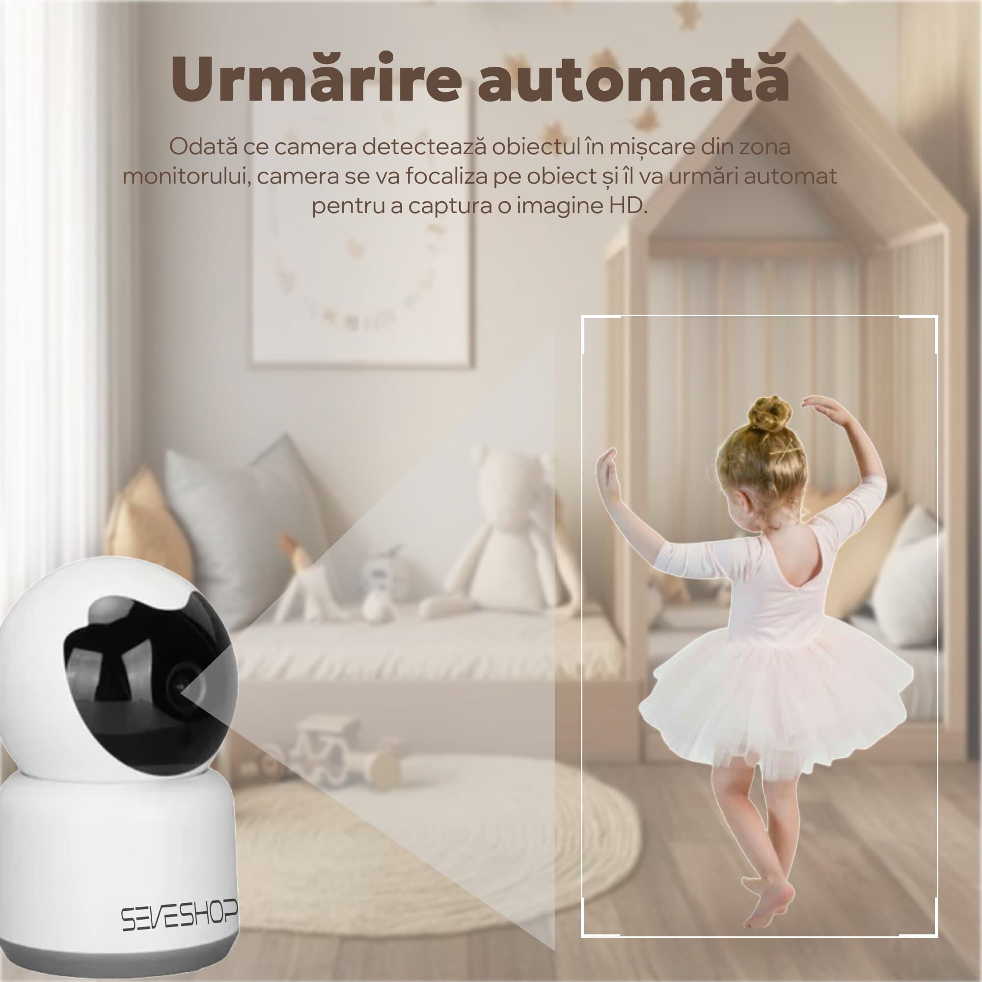 Baby Monitor, SeveShop®, Wireless, FullHD 1080p, Rotire 360°, Monitor Bebelusi cu Vedere Nocturna Infrarosu, Video / Audio, Camera Bebelusi cu Senzor si Alarma de Miscare, Auto Tracking, Sunet Bidirectional, Adaptor, Cablu USB, Baby Monitor Alb — imaginea 4