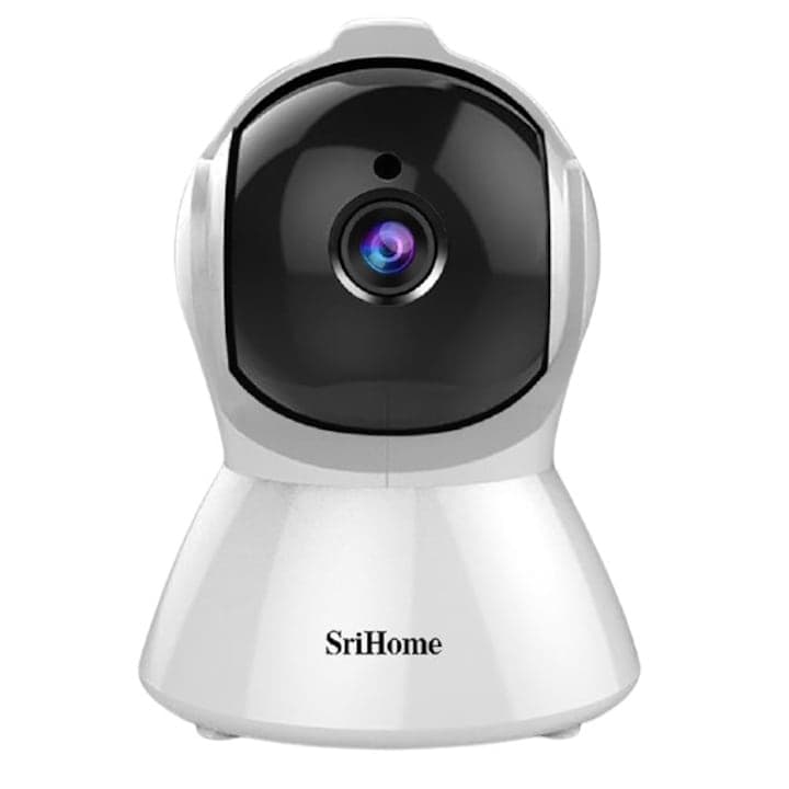 Set Baby Monitor Wireless Sricam™ SH025 Plus SriHome, FullHD 2MP, Monitorizare Video Audio Bebelusi, Auto Tracking, Vedere Nocturna, Audio-Video, Sunet bidirectional, Rotire automata, rezolutie 1920*1080, senzor miscare, alb + sticker "bebe monitorizat"