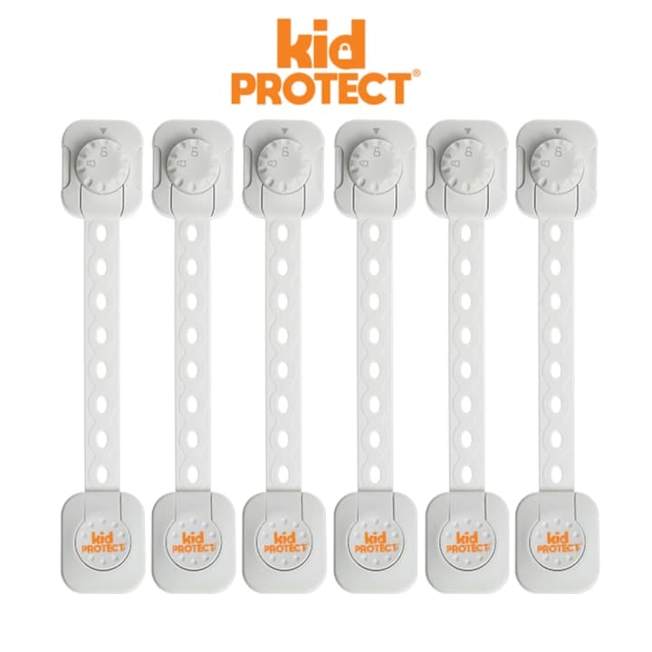 Siguranta usi copii, KidProtect®, blocator sertare, usa cuptor, frigider, congelator, dulap, deschidere accidentala, ajustabile pe lungime, adeziv puternic 3M, fara urme dupa indepartare, cu sistem de inchidere dublu, set 6 bucati, alb