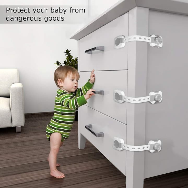 Siguranta usi copii, KidProtect®, blocator sertare, usa cuptor, frigider, congelator, dulap, deschidere accidentala, ajustabile pe lungime, adeziv puternic 3M, fara urme dupa indepartare, cu sistem de inchidere dublu, set 6 bucati, alb — imaginea 2