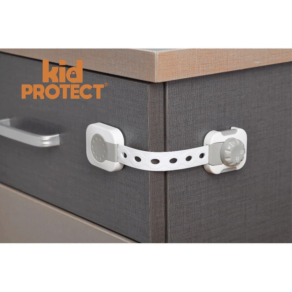 Siguranta usi copii, KidProtect®, blocator sertare, usa cuptor, frigider, congelator, dulap, deschidere accidentala, ajustabile pe lungime, adeziv puternic 3M, fara urme dupa indepartare, cu sistem de inchidere dublu, set 6 bucati, alb — imaginea 3
