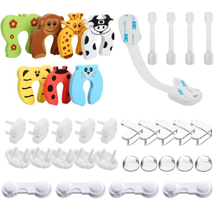 Set Siguranta Copii 35 Piese MONDESA® - Blocatoare Usi si Sertare, Protectii Colturi Mobilier si Capace Prize, Opritoare Usi, Prevenire Accidente si Siguranta sporita pentru Bebe, Multicolor