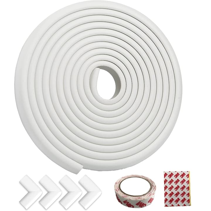 Banda protectie colturi si margini mobila, Zenai, groasa, 2m, 4 coltare incluse, adeziv 3M, siguranta copii, alb fildes — imaginea 2