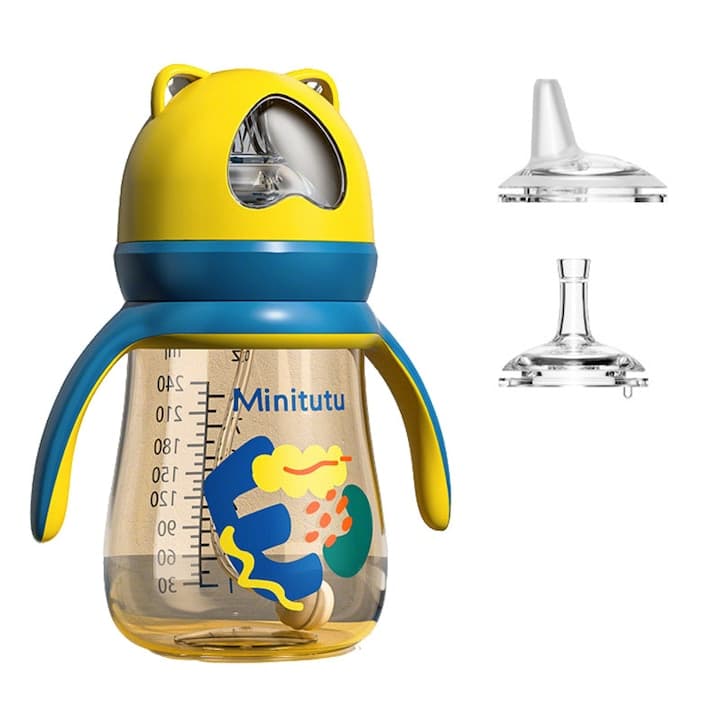 Biberon 3-in-1 Momcbebe, anti-scurgere, cu maner, galben-albastru, 15x12cm, 240ml