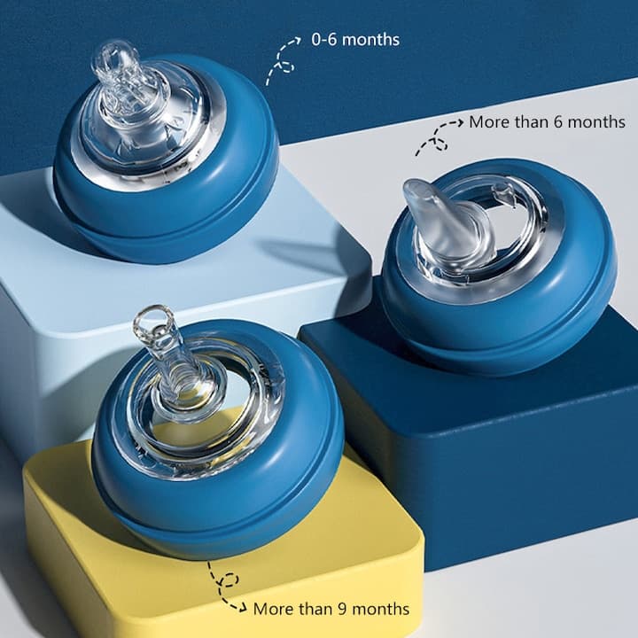 Biberon 3-in-1 Momcbebe, anti-scurgere, cu maner, galben-albastru, 15x12cm, 240ml — imaginea 2