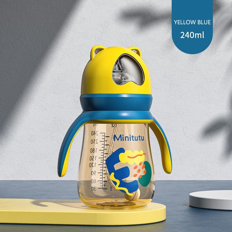 Biberon 3-in-1 Momcbebe, anti-scurgere, cu maner, galben-albastru, 15x12cm, 240ml — imaginea 3