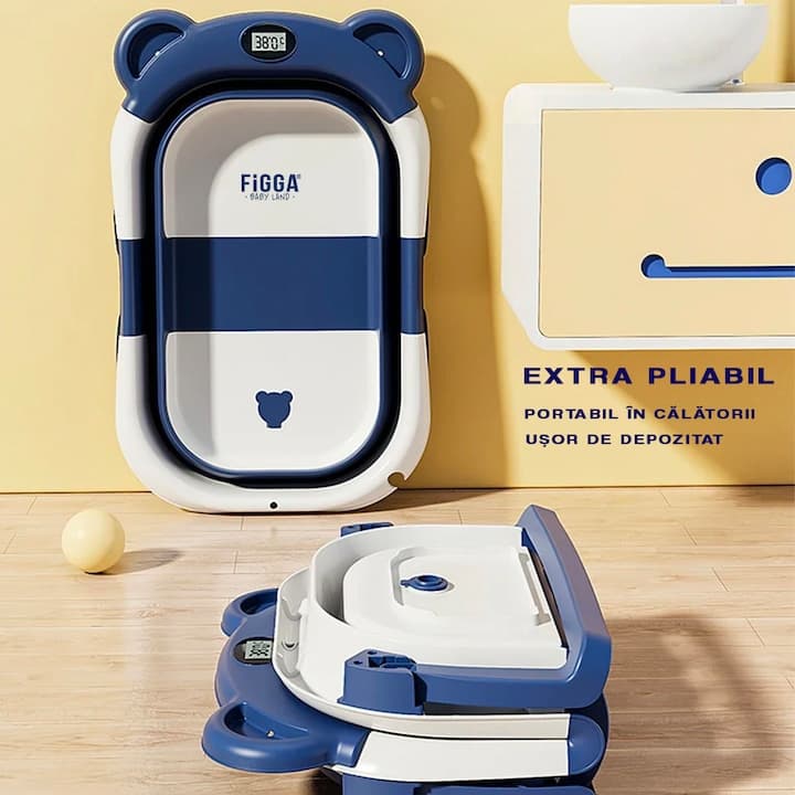Cadita bebe cu suport FiGGA®, 63 x 42 x 20 cm, portabila, extra pliabila, termometru, picioare antiderapante, suport cap de dus, Albastru — imaginea 2