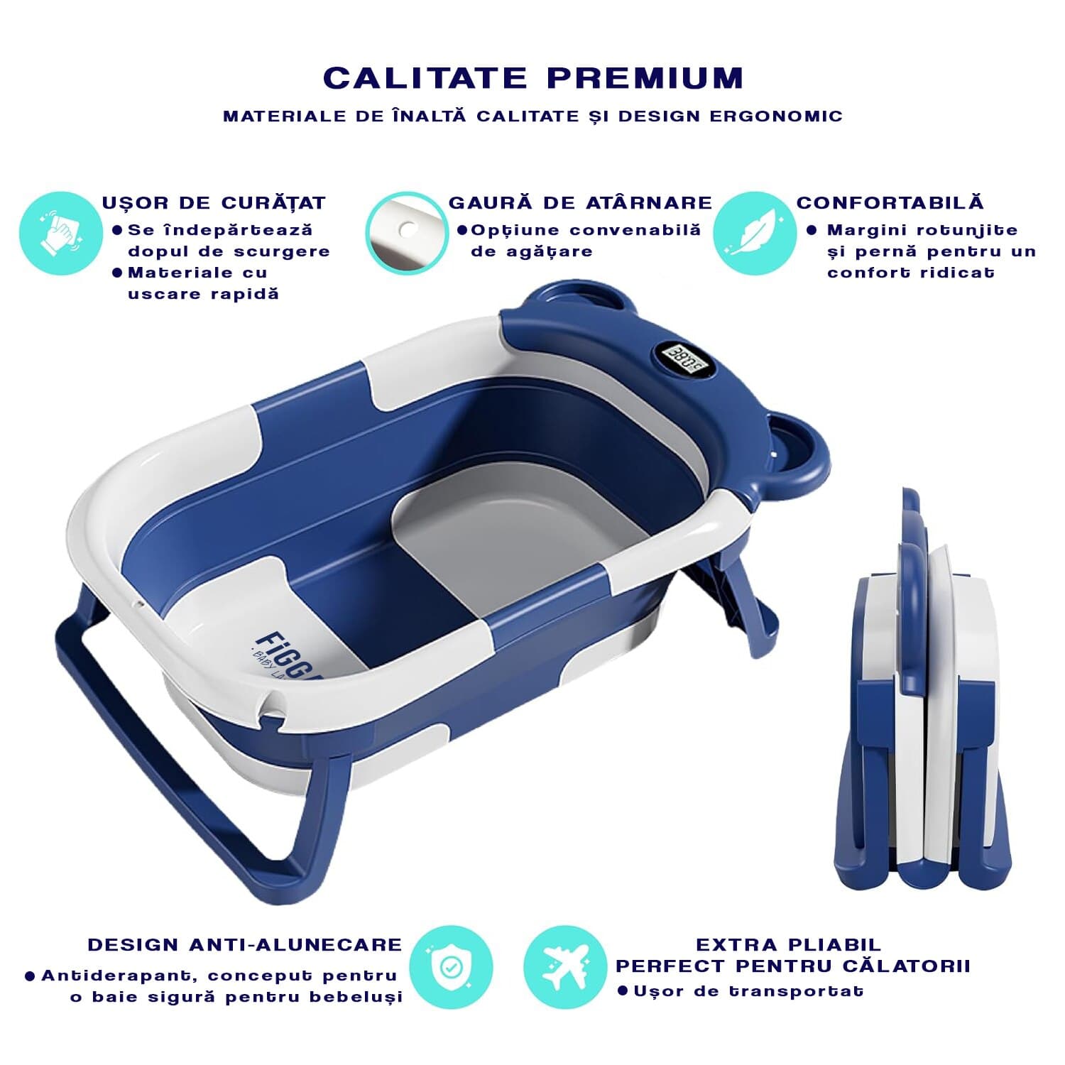 Cadita bebe cu suport FiGGA®, 63 x 42 x 20 cm, portabila, extra pliabila, termometru, picioare antiderapante, suport cap de dus, Albastru — imaginea 4