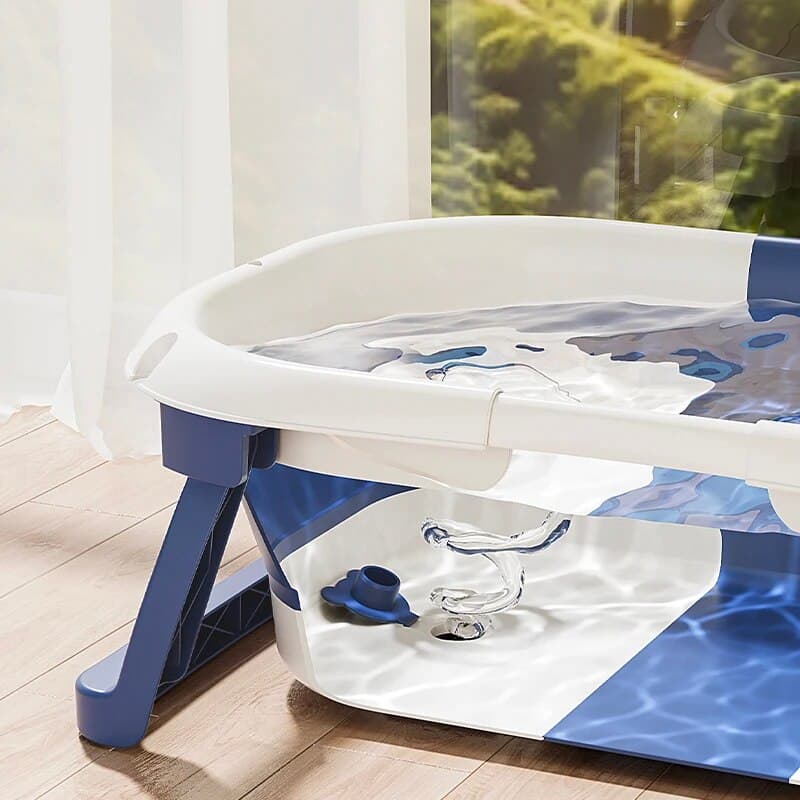 Cadita bebe cu suport FiGGA®, 63 x 42 x 20 cm, portabila, extra pliabila, termometru, picioare antiderapante, suport cap de dus, Albastru — imaginea 5