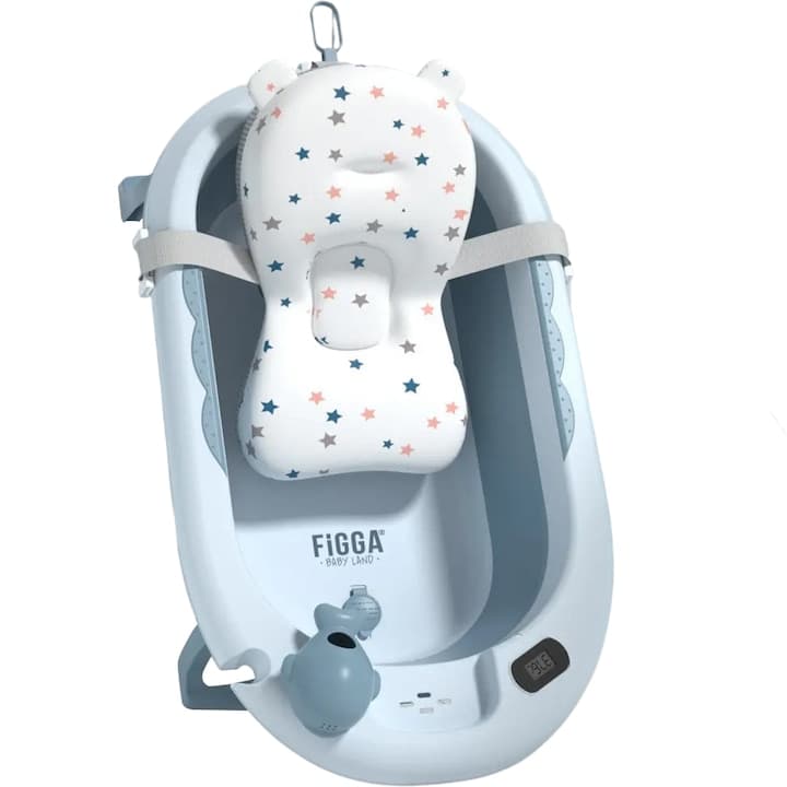 Cadita bebe cu suport FiGGA®, 81 x 49 x 21 cm, pliabila, termometru, picioare antiderapante, cana pentru clatire tip jucarie, suport cap de dus, suport pentru sapun, Albastru