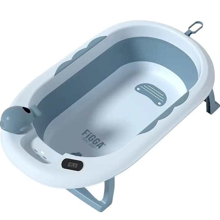Cadita bebe cu suport FiGGA®, 81 x 49 x 21 cm, pliabila, termometru, picioare antiderapante, cana pentru clatire tip jucarie, suport cap de dus, suport pentru sapun, Albastru — imaginea 2