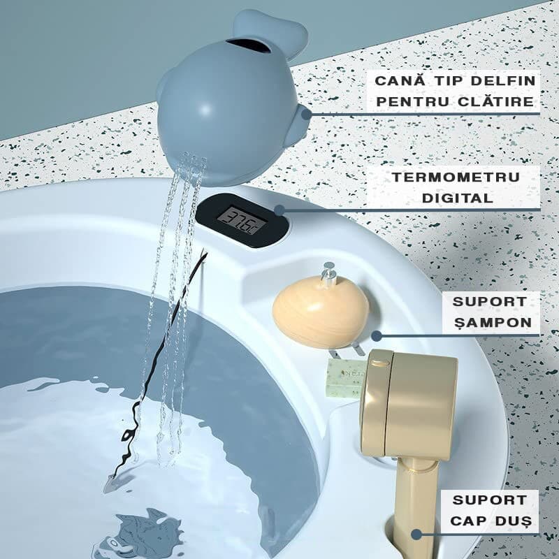 Cadita bebe cu suport FiGGA®, 81 x 49 x 21 cm, pliabila, termometru, picioare antiderapante, cana pentru clatire tip jucarie, suport cap de dus, suport pentru sapun, Albastru — imaginea 4