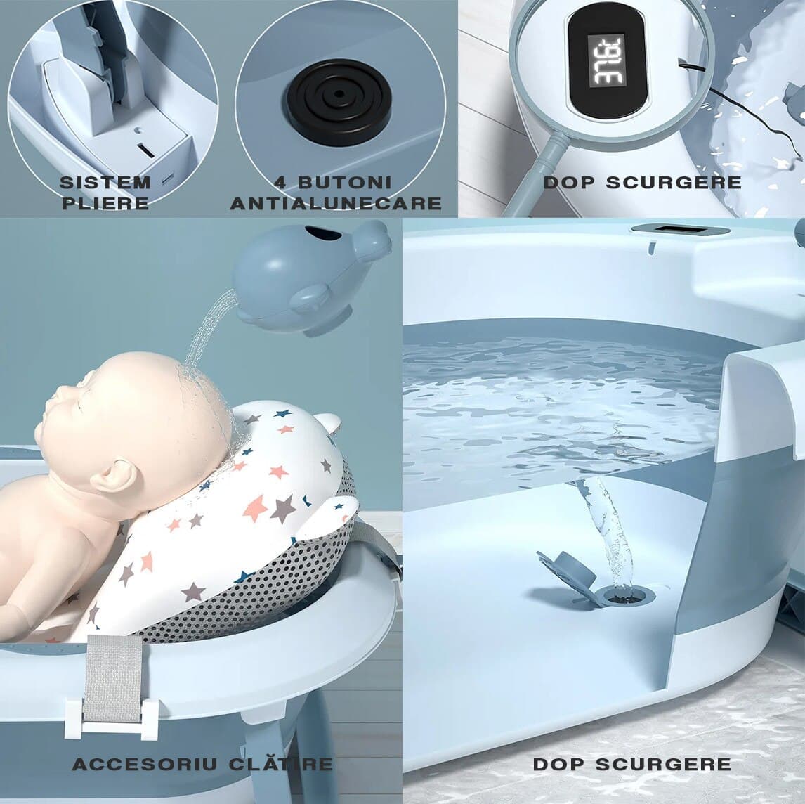 Cadita bebe cu suport FiGGA®, 81 x 49 x 21 cm, pliabila, termometru, picioare antiderapante, cana pentru clatire tip jucarie, suport cap de dus, suport pentru sapun, Albastru — imaginea 5