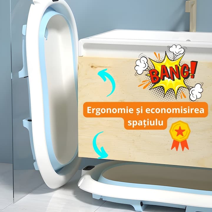 Cadita Bebe GALAXIA®, cu suport si termometru, pliabila, include o perna de siguranta detasabila, protectie anti-alunecare, sarcina maxima 46 kg, albastru — imaginea 2