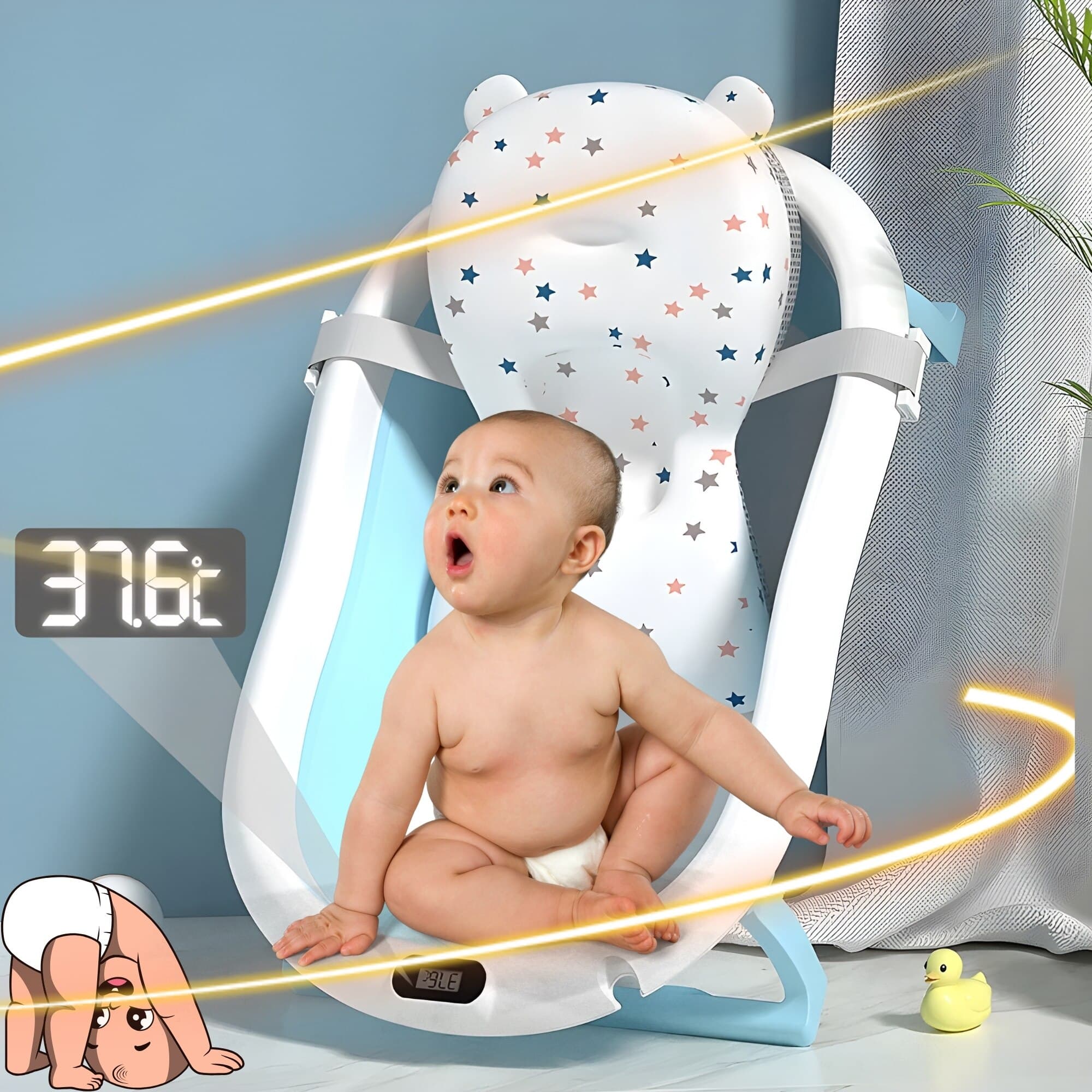 Cadita Bebe GALAXIA®, cu suport si termometru, pliabila, include o perna de siguranta detasabila, protectie anti-alunecare, sarcina maxima 46 kg, albastru — imaginea 3