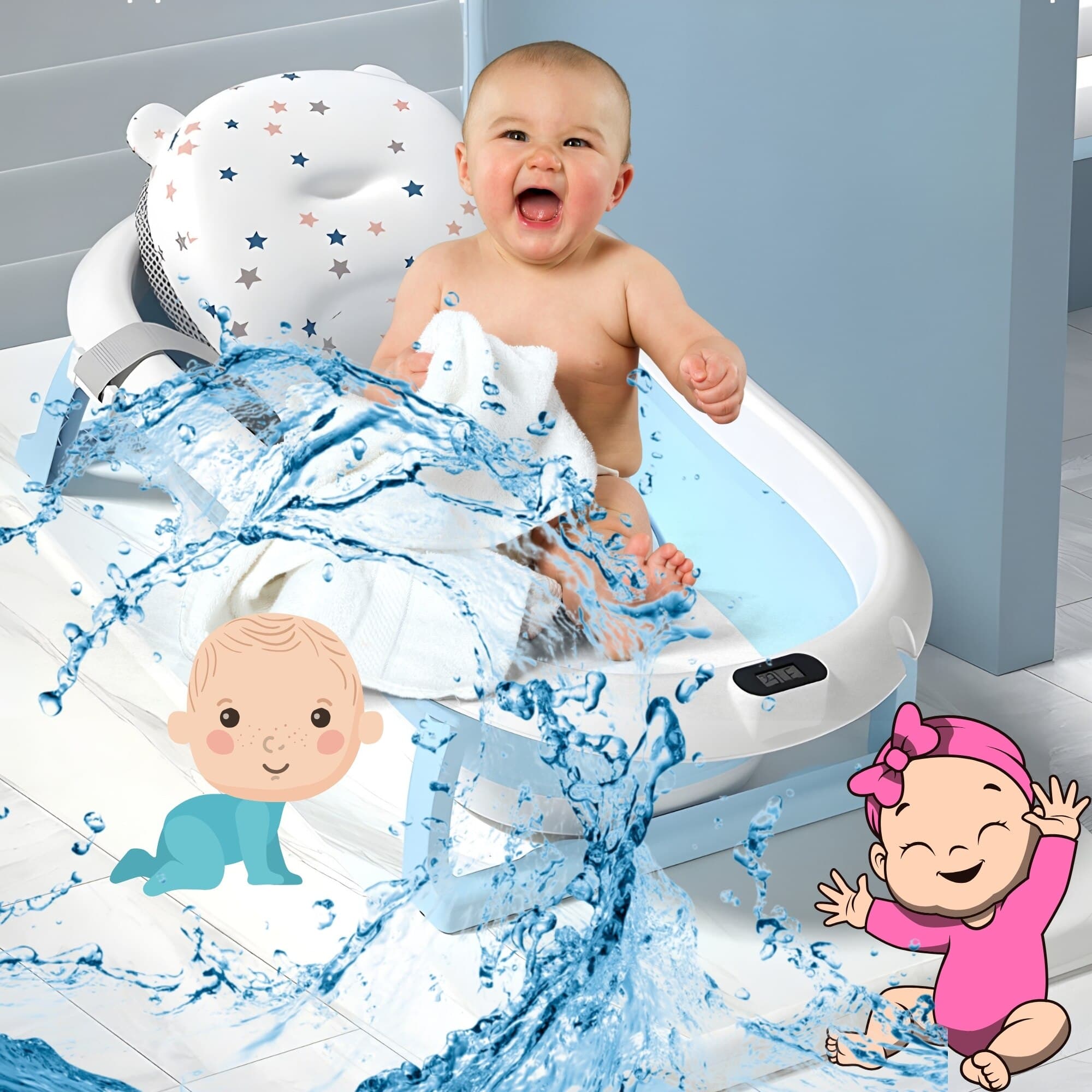Cadita Bebe GALAXIA®, cu suport si termometru, pliabila, include o perna de siguranta detasabila, protectie anti-alunecare, sarcina maxima 46 kg, albastru — imaginea 4