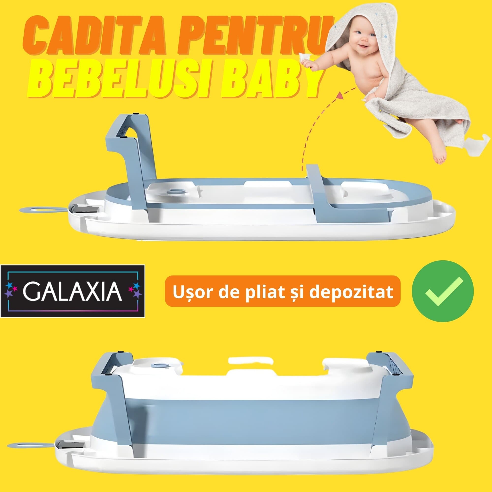 Cadita Bebe GALAXIA®, cu suport si termometru, pliabila, include o perna de siguranta detasabila, protectie anti-alunecare, sarcina maxima 46 kg, albastru — imaginea 5