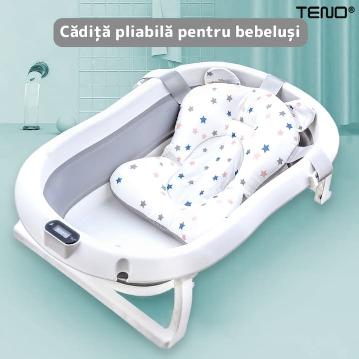 Cadita cu Pernuta pentru Bebelusi Teno®, termometru digital incorporat, pliabila, dop de scurgere, picioare anti-alunecare, design ergonomic, 75 x 45 x 22 cm, gri cu stelute — imaginea 2