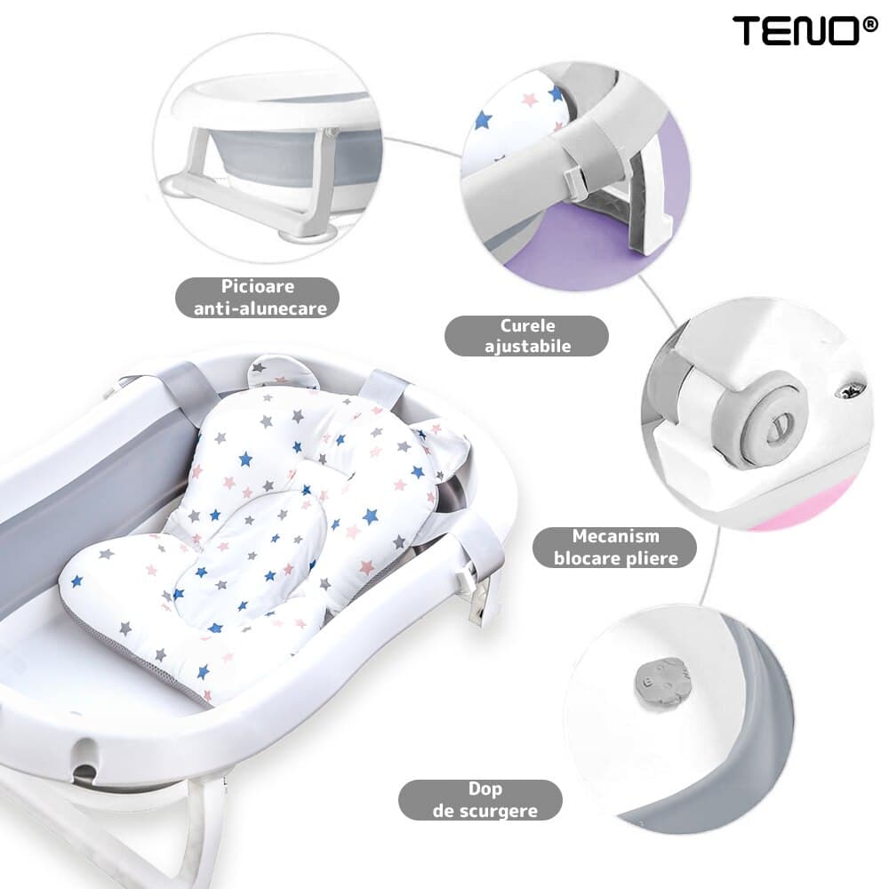 Cadita cu Pernuta pentru Bebelusi Teno®, termometru digital incorporat, pliabila, dop de scurgere, picioare anti-alunecare, design ergonomic, 75 x 45 x 22 cm, gri cu stelute — imaginea 3