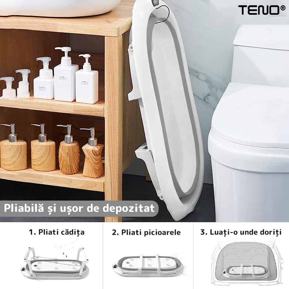Cadita cu Pernuta pentru Bebelusi Teno®, termometru digital incorporat, pliabila, dop de scurgere, picioare anti-alunecare, design ergonomic, 75 x 45 x 22 cm, gri cu stelute — imaginea 4