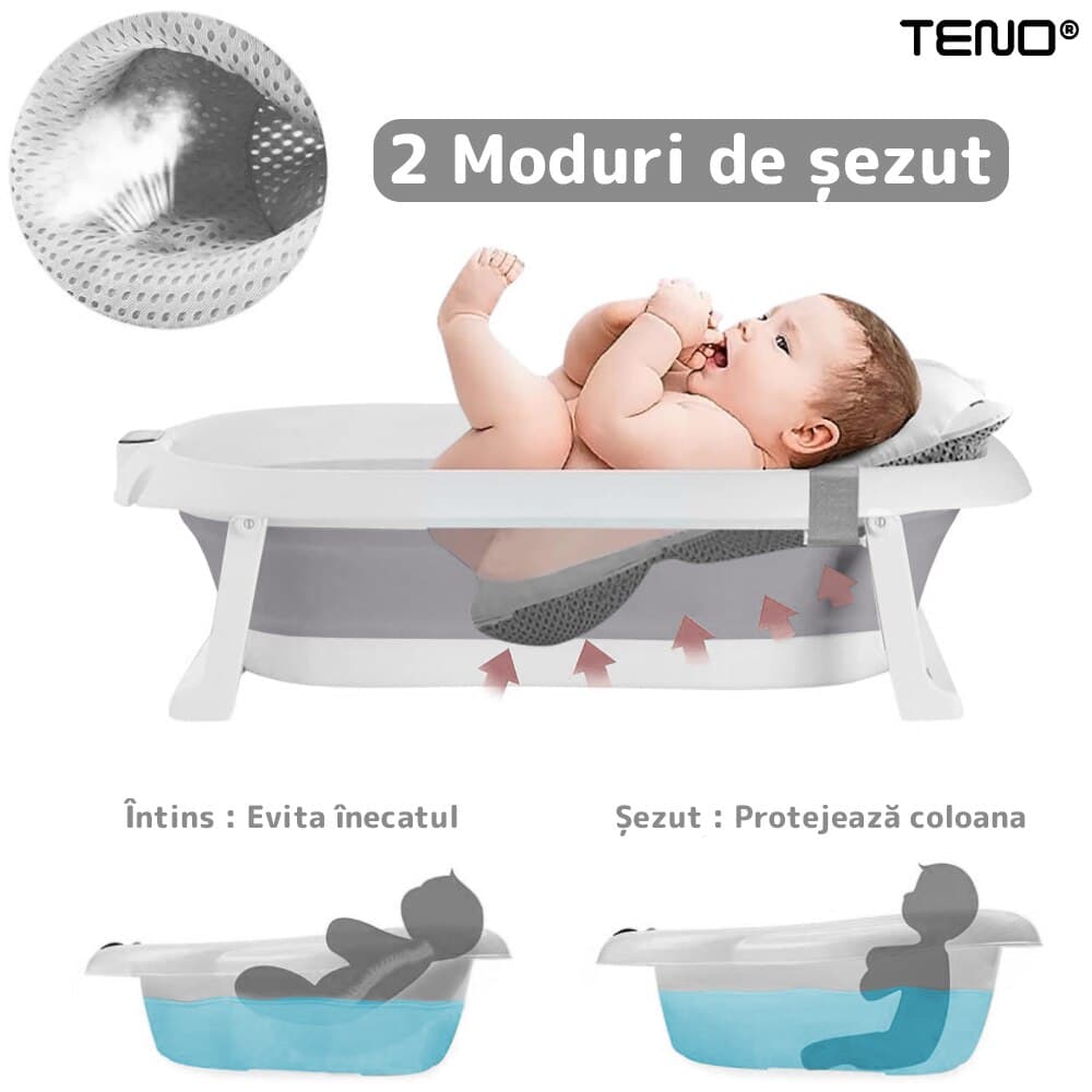 Cadita cu Pernuta pentru Bebelusi Teno®, termometru digital incorporat, pliabila, dop de scurgere, picioare anti-alunecare, design ergonomic, 75 x 45 x 22 cm, gri cu stelute — imaginea 5