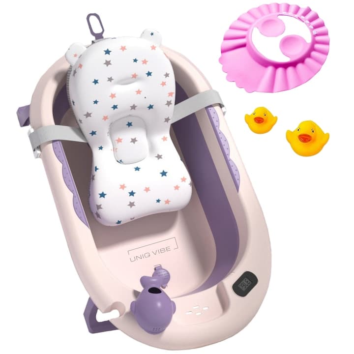 Cadita bebelusi pliabila cu pernuta UniqViBE®, termometru incorporat, cana pentru clatire tip jucarie, suport cap de dus si pentru sapun, 2 ratuste si casca protectie incluse, picioare antiderapante, design Ergonomic, Purple Royal