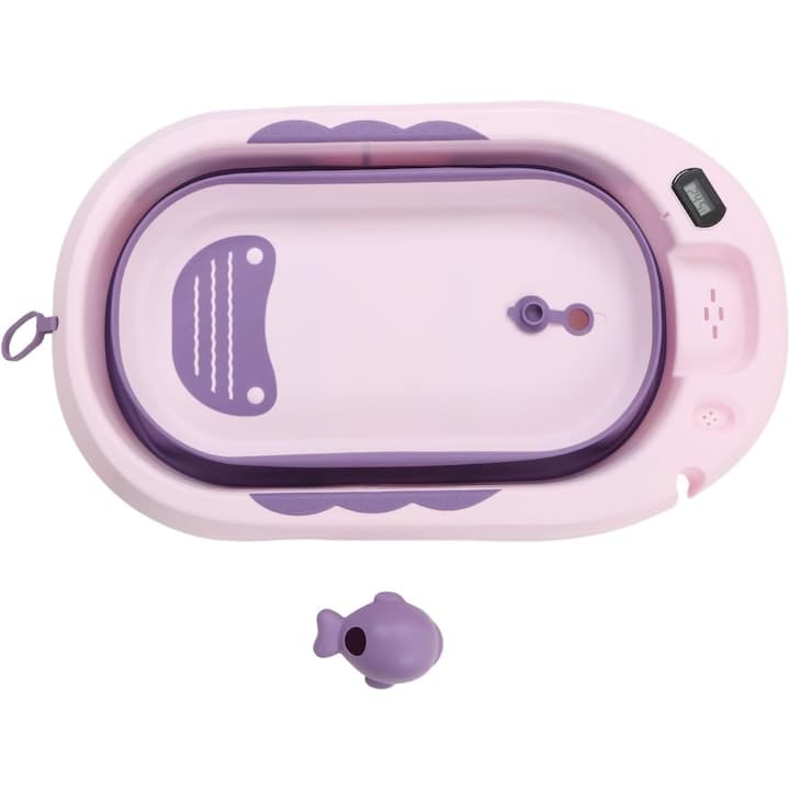 Cadita bebelusi pliabila cu pernuta UniqViBE®, termometru incorporat, cana pentru clatire tip jucarie, suport cap de dus si pentru sapun, 2 ratuste si casca protectie incluse, picioare antiderapante, design Ergonomic, Purple Royal — imaginea 2
