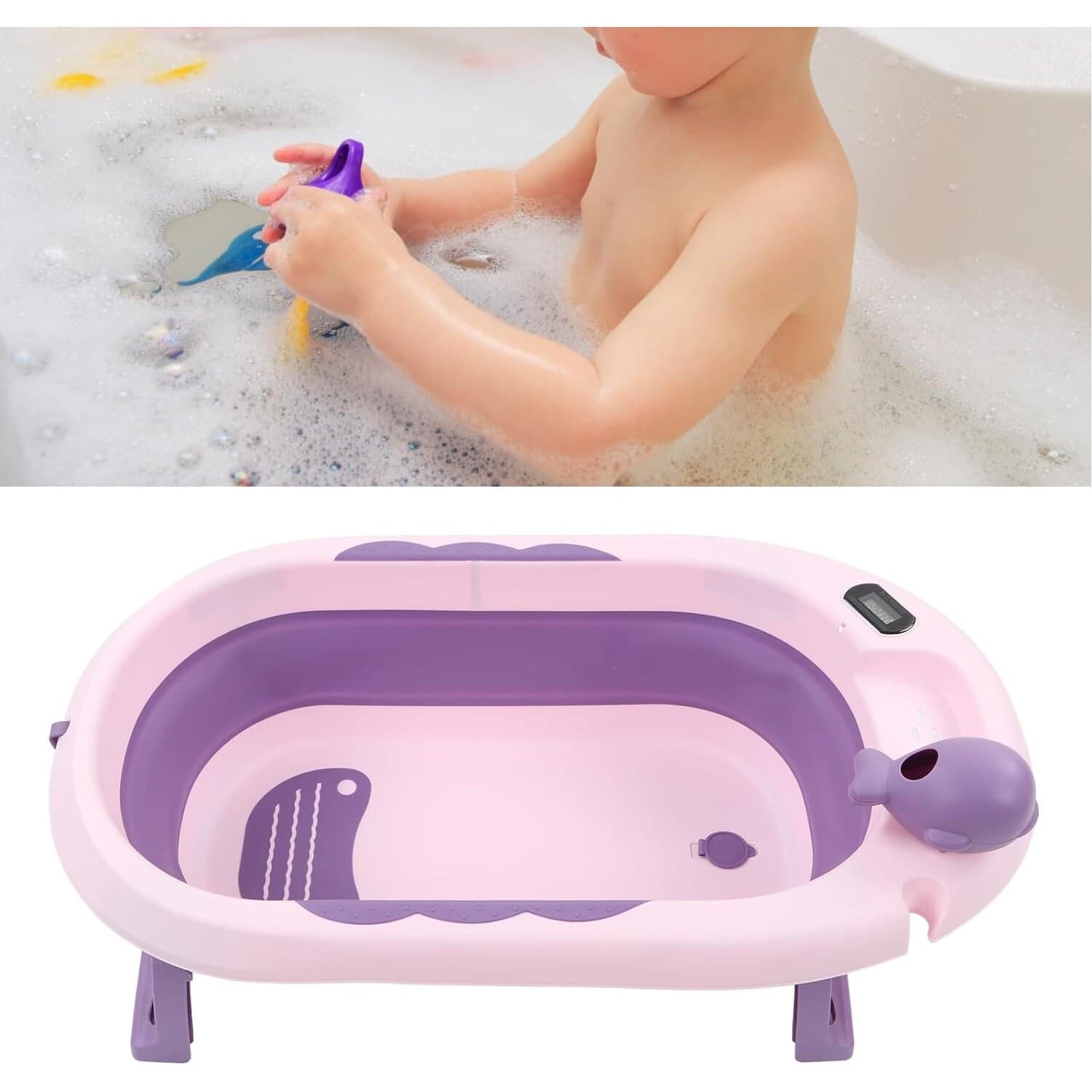 Cadita bebelusi pliabila cu pernuta UniqViBE®, termometru incorporat, cana pentru clatire tip jucarie, suport cap de dus si pentru sapun, 2 ratuste si casca protectie incluse, picioare antiderapante, design Ergonomic, Purple Royal — imaginea 4