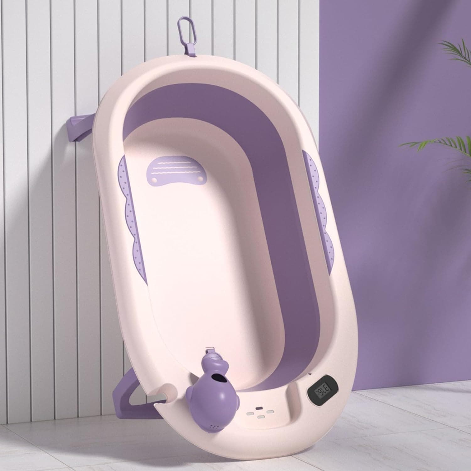 Cadita bebelusi pliabila cu pernuta UniqViBE®, termometru incorporat, cana pentru clatire tip jucarie, suport cap de dus si pentru sapun, 2 ratuste si casca protectie incluse, picioare antiderapante, design Ergonomic, Purple Royal — imaginea 5