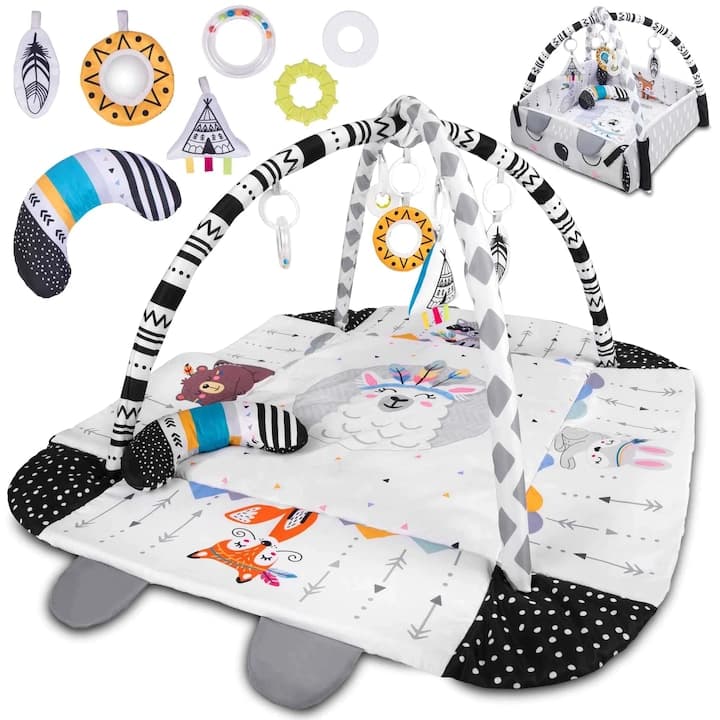 Saltea de Activitati si Spatiu de Joaca 5in1, BabyKING KinderVibe™, cu Perna, 7 Jucarii Senzoriale Detasabile, Doua Arcade, Oglinda, Material Moale cu Protectie Termica, Usor de Curatat, Antiderapant, Multifunctional, Alb/Negru