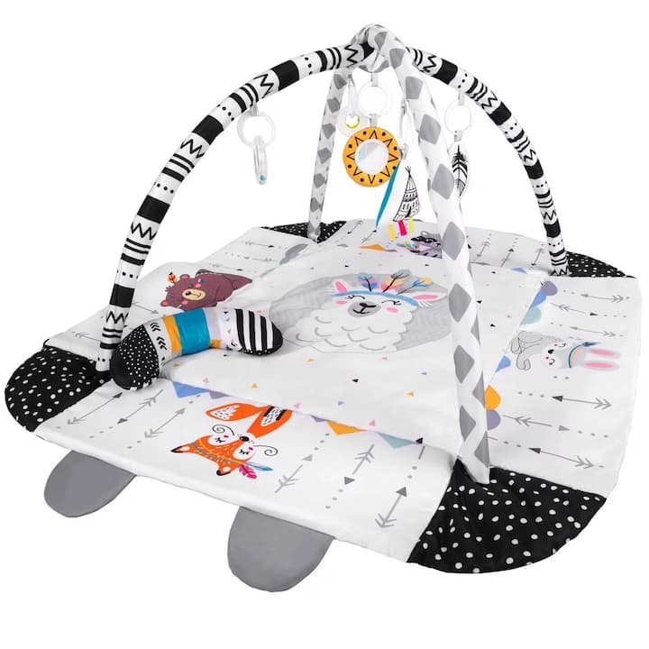 Saltea de Activitati si Spatiu de Joaca 5in1, BabyKING KinderVibe™, cu Perna, 7 Jucarii Senzoriale Detasabile, Doua Arcade, Oglinda, Material Moale cu Protectie Termica, Usor de Curatat, Antiderapant, Multifunctional, Alb/Negru — imaginea 2