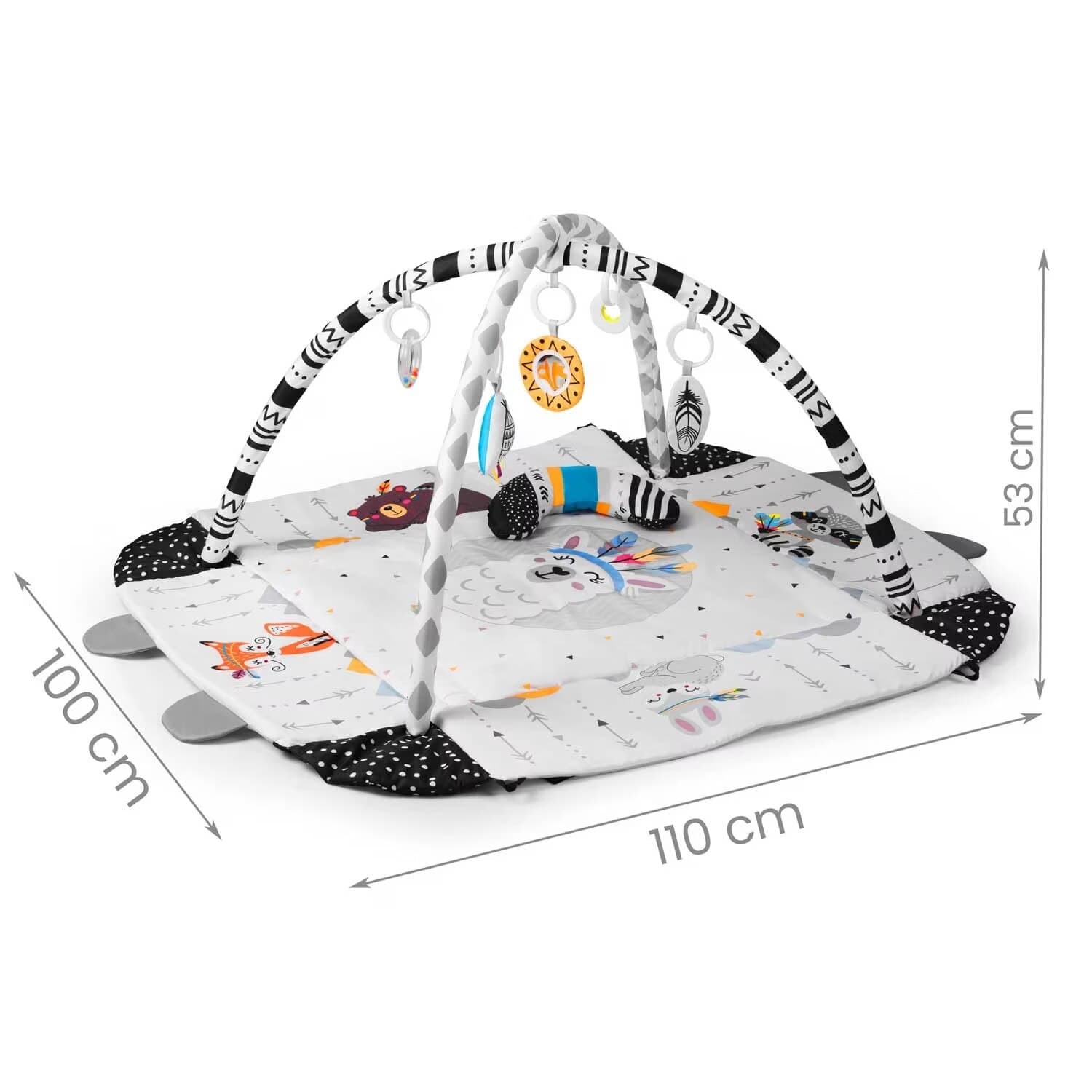 Saltea de Activitati si Spatiu de Joaca 5in1, BabyKING KinderVibe™, cu Perna, 7 Jucarii Senzoriale Detasabile, Doua Arcade, Oglinda, Material Moale cu Protectie Termica, Usor de Curatat, Antiderapant, Multifunctional, Alb/Negru — imaginea 4