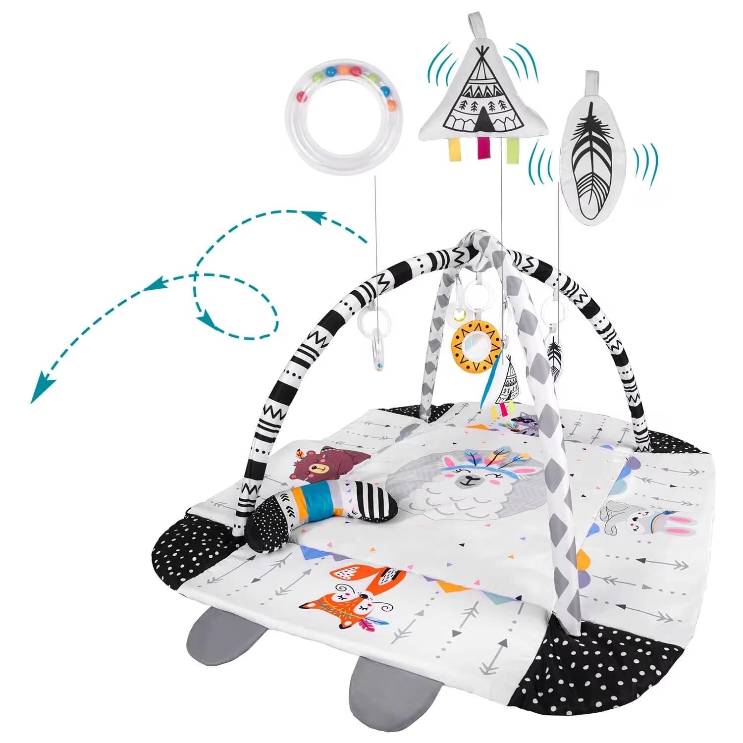 Saltea de Activitati si Spatiu de Joaca 5in1, BabyKING KinderVibe™, cu Perna, 7 Jucarii Senzoriale Detasabile, Doua Arcade, Oglinda, Material Moale cu Protectie Termica, Usor de Curatat, Antiderapant, Multifunctional, Alb/Negru — imaginea 5