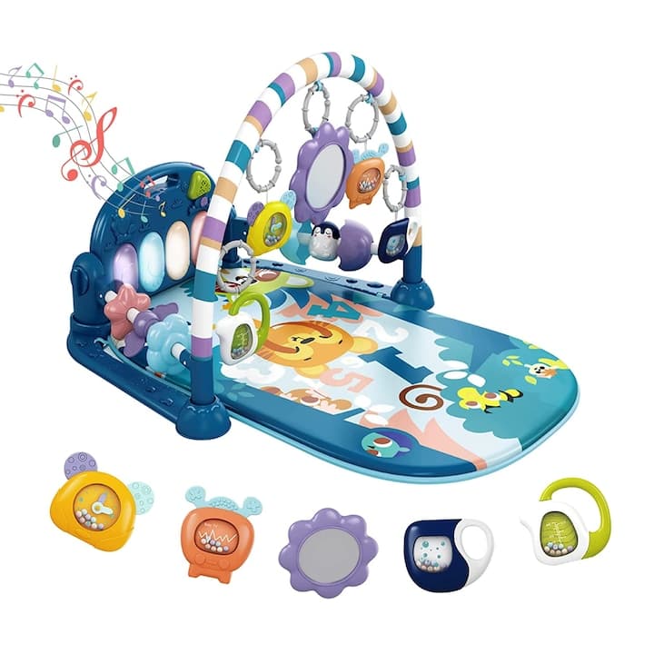 Saltea de activitati pentru bebelusi, covoras de joaca multifunctional, interactiv, 5 jucarii senzoriale, muzica si lumini, albastru, 0 luni +