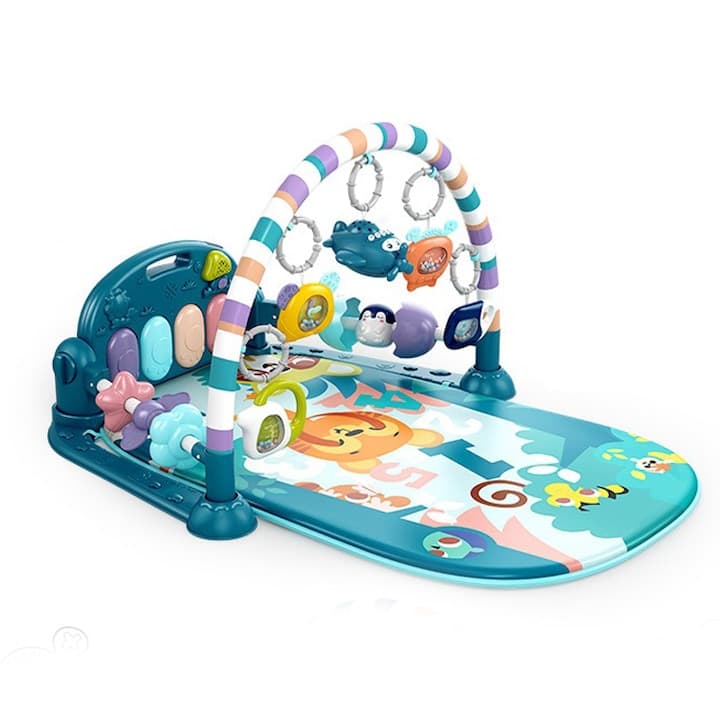 Saltea de activitati pentru bebelusi, covoras de joaca multifunctional, interactiv, 5 jucarii senzoriale, muzica si lumini, albastru, 0 luni + — imaginea 2