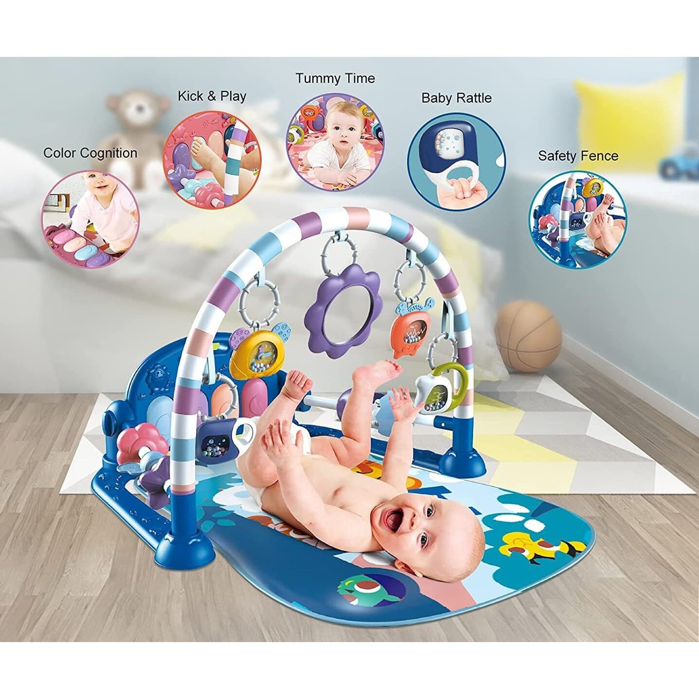 Saltea de activitati pentru bebelusi, covoras de joaca multifunctional, interactiv, 5 jucarii senzoriale, muzica si lumini, albastru, 0 luni + — imaginea 5