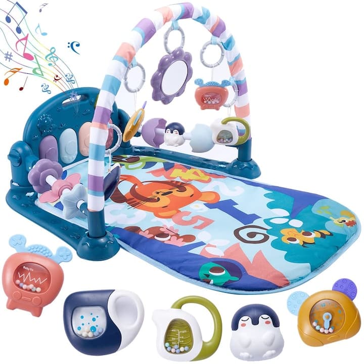 Centru de Activitati, KinderVibe, cu Pian Detasabil, cu Sunete si Lumini, cu Zornaitoare si Diverse Jucarii, Oglinda Detasabila, Volum Ajustabil, Albastru