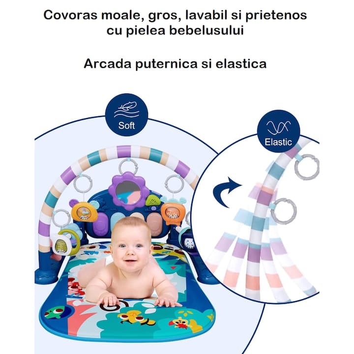 Centru de Activitati, KinderVibe, cu Pian Detasabil, cu Sunete si Lumini, cu Zornaitoare si Diverse Jucarii, Oglinda Detasabila, Volum Ajustabil, Albastru — imaginea 2