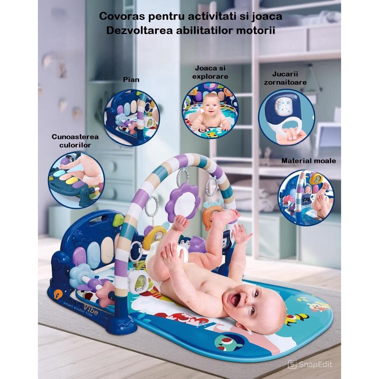 Centru de Activitati, KinderVibe, cu Pian Detasabil, cu Sunete si Lumini, cu Zornaitoare si Diverse Jucarii, Oglinda Detasabila, Volum Ajustabil, Albastru — imaginea 3