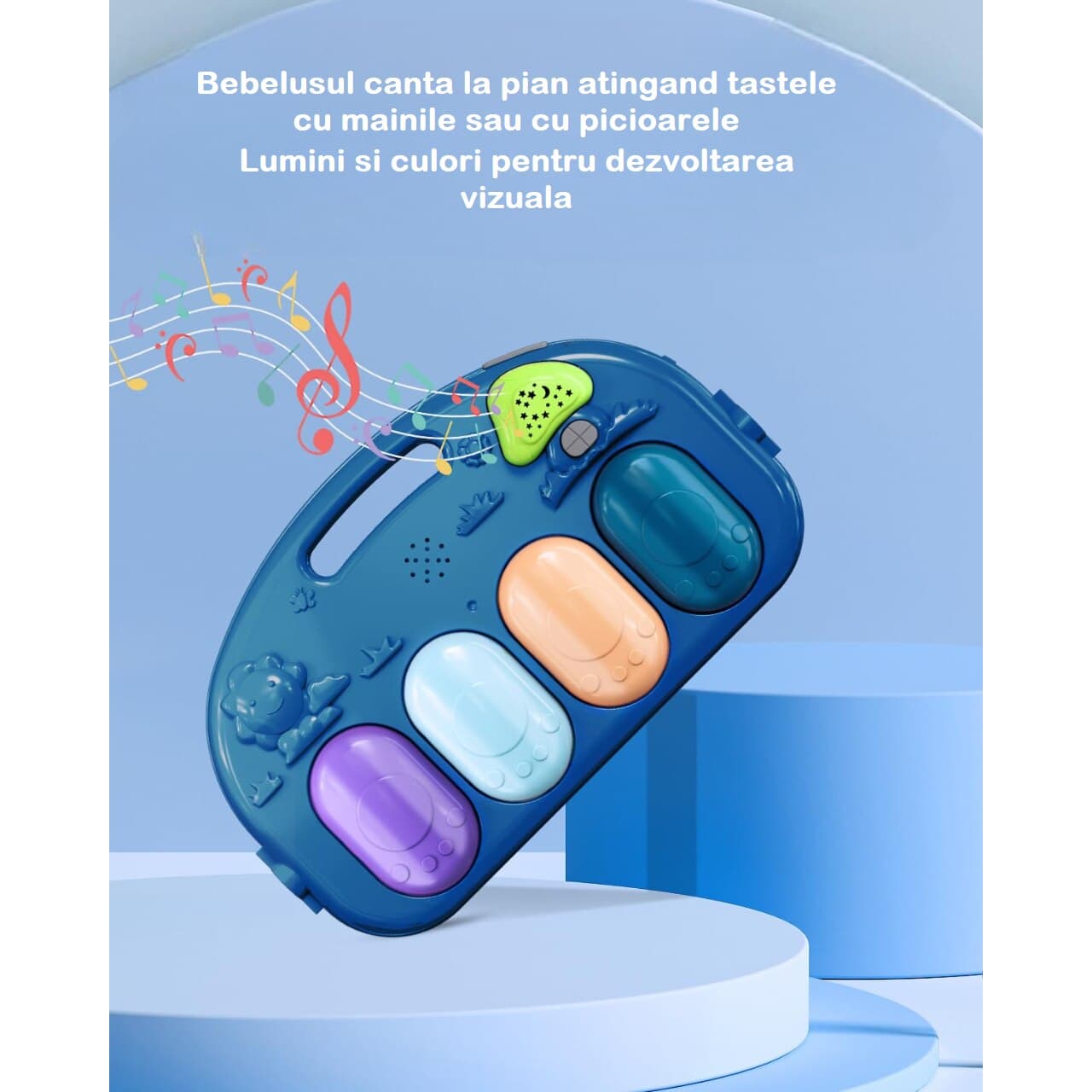 Centru de Activitati, KinderVibe, cu Pian Detasabil, cu Sunete si Lumini, cu Zornaitoare si Diverse Jucarii, Oglinda Detasabila, Volum Ajustabil, Albastru — imaginea 4